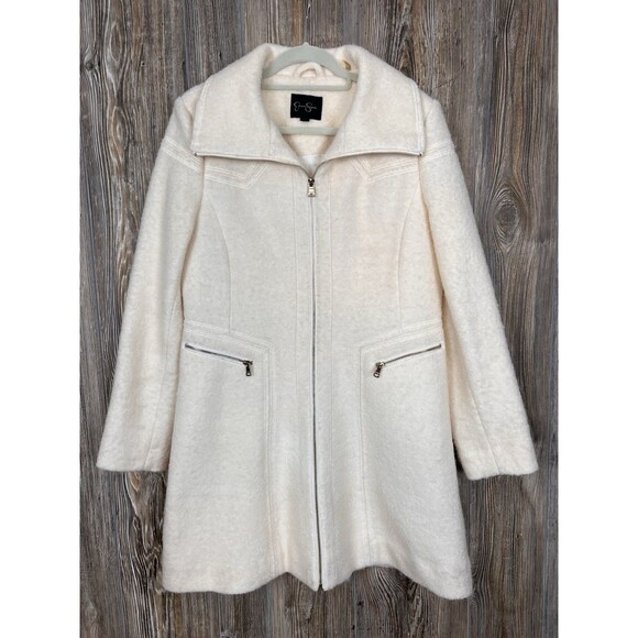 Jessica Simpson Boiled Wool Blend Dress Coat LARGE Ivory W/ Gold Zipper Chic - Picture 1 of 15